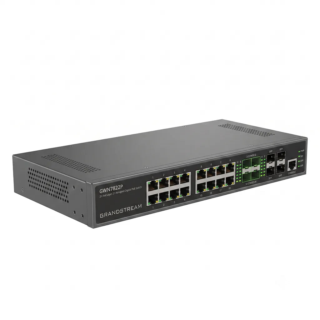 Right angled view of the Grandstream GWN7822P enterprise Layer 3 managed PoE switch with rack-mount design.
