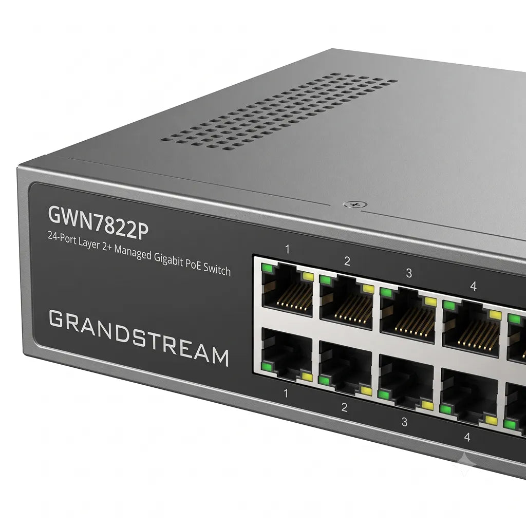 Close-up of the Grandstream GWN7822P front panel displaying Gigabit Ethernet ports, model branding and managed PoE switch design.