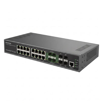 Angled front view of the Grandstream GWN7822P Layer 3 managed PoE network switch showing 24 Ethernet ports and SFP+ uplinks.