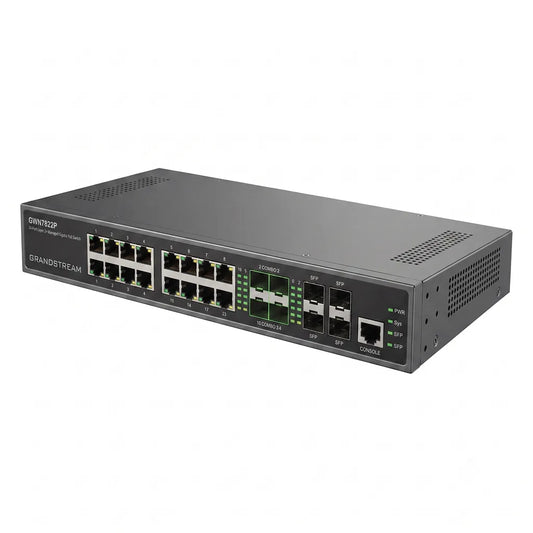 Angled front view of the Grandstream GWN7822P Layer 3 managed PoE network switch showing 24 Ethernet ports and SFP+ uplinks.