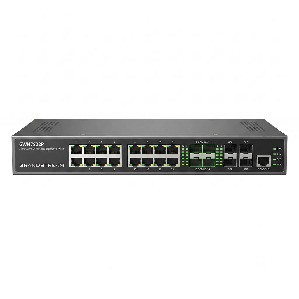 Front view of the Grandstream GWN7822P managed 24-port PoE network switch with Multi Gigabit connectivity and enterprise design.