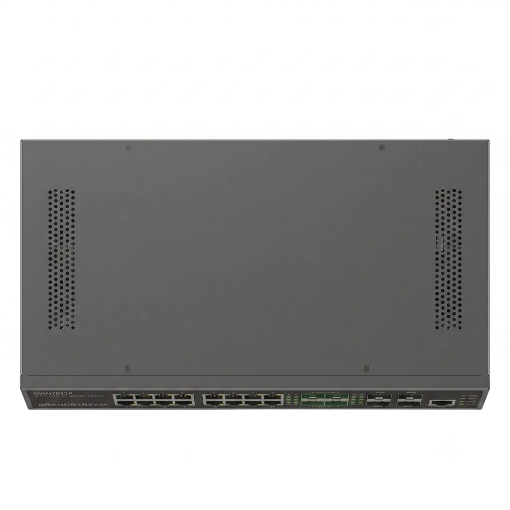 Top view of the Grandstream GWN7822P rack-mount Layer 3 managed PoE network switch showing the metal chassis and ventilation.