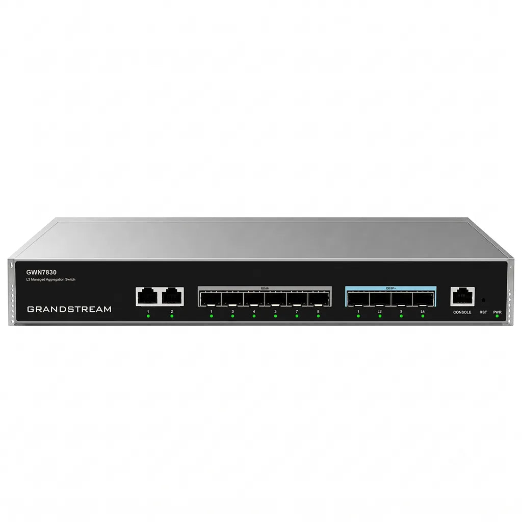 Front view of the Grandstream GWN7830 enterprise Layer 3 aggregation switch with 2 RJ45 ports, 6 SFP ports, 4 10G SFP+ ports, console, and reset interface.