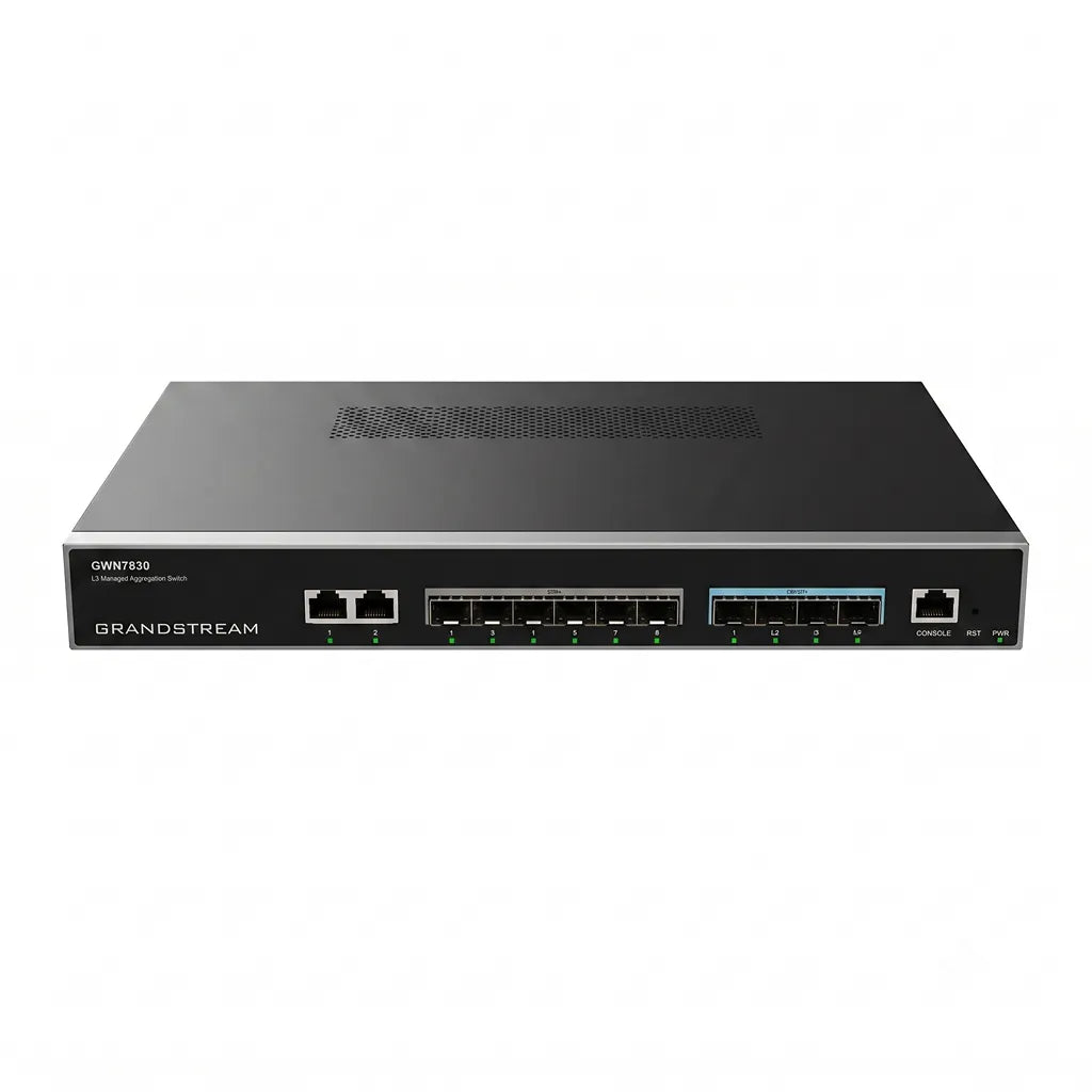 Angled front view of the Grandstream GWN7830 Layer 3 managed network switch featuring Gigabit RJ45, SFP, and 10G SFP+ connectivity for enterprise networks.