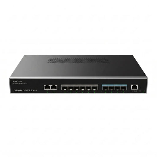 Angled front view of the Grandstream GWN7830 Layer 3 managed network switch featuring Gigabit RJ45, SFP, and 10G SFP+ connectivity for enterprise networks.