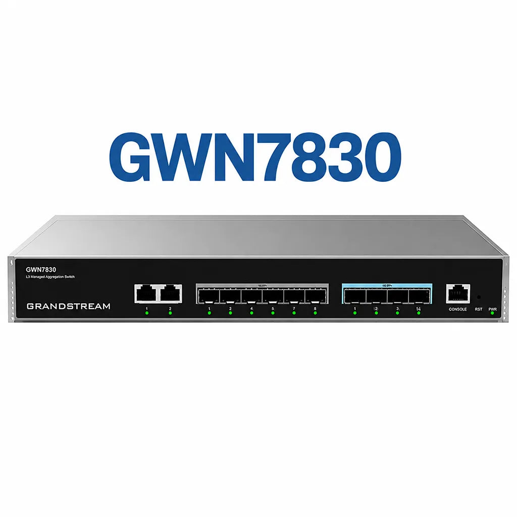 Grandstream GWN7830 Layer 3 managed aggregation network switch front view with 2 Gigabit RJ45 ports, 6 Gigabit SFP ports, and 4 10G SFP+ uplink ports.