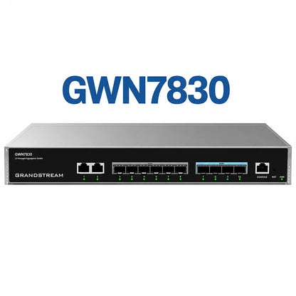 Grandstream GWN7830 Layer 3 managed aggregation network switch front view with 2 Gigabit RJ45 ports, 6 Gigabit SFP ports, and 4 10G SFP+ uplink ports.