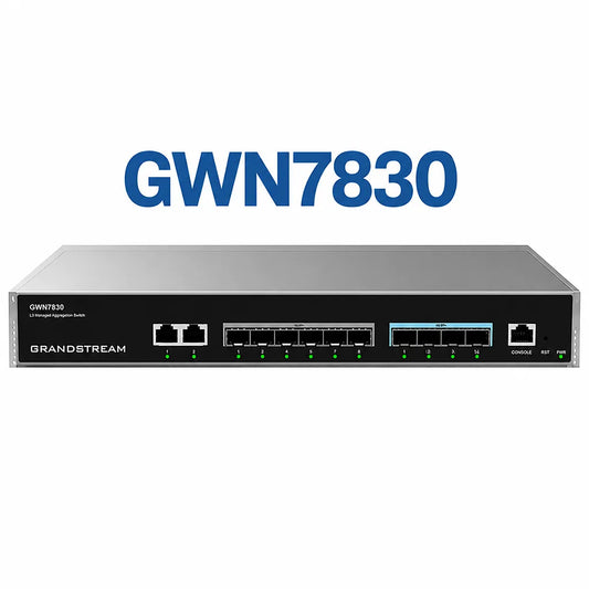 Grandstream GWN7830 Layer 3 managed aggregation network switch front view with 2 Gigabit RJ45 ports, 6 Gigabit SFP ports, and 4 10G SFP+ uplink ports.