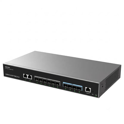 Right angled view of the Grandstream GWN7830 enterprise Layer 3 managed switch with high-speed fiber uplink ports and rackmount design.