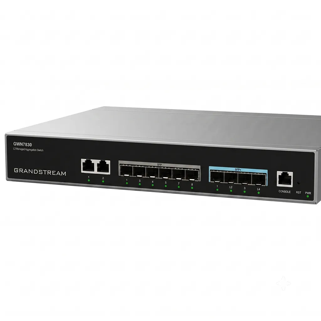 Close front view of the Grandstream GWN7830 managed aggregation switch showing Gigabit RJ45 ports, SFP slots, 10G SFP+ uplinks, and console port.