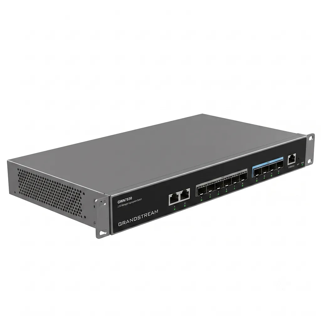 Left angled view of the Grandstream GWN7830 rackmount Layer 3 aggregation switch designed for enterprise fiber network deployments.