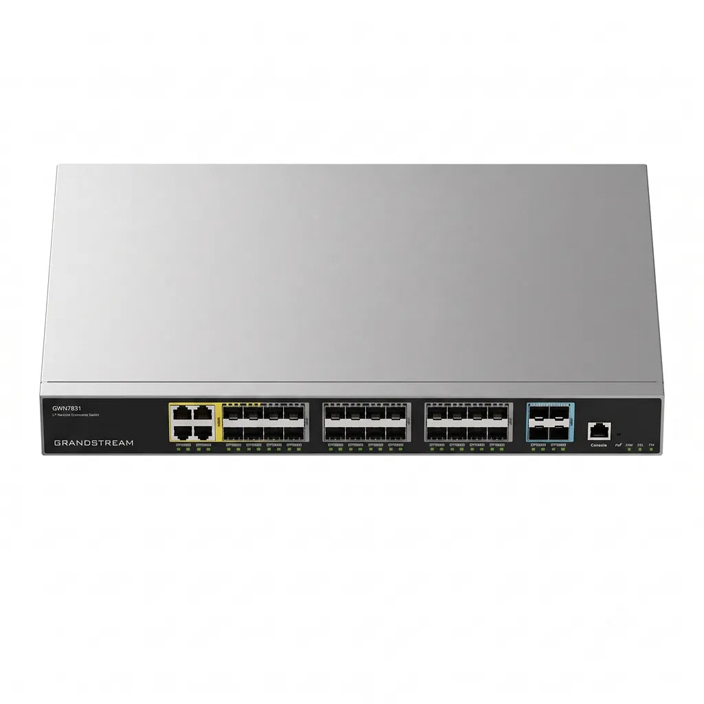 Front top view of Grandstream GWN7831 Layer 3 aggregation managed switch with Gigabit SFP ports and 10G uplinks.