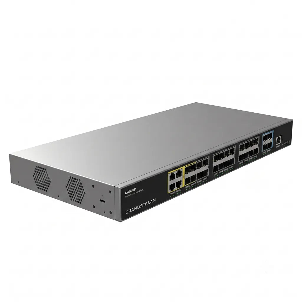 Left angled view of the Grandstream GWN7831 Layer 3 managed aggregation switch for enterprise networking and fiber connectivity.