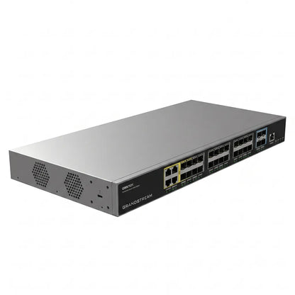 Left angled view of the Grandstream GWN7831 Layer 3 managed aggregation switch for enterprise networking and fiber connectivity.