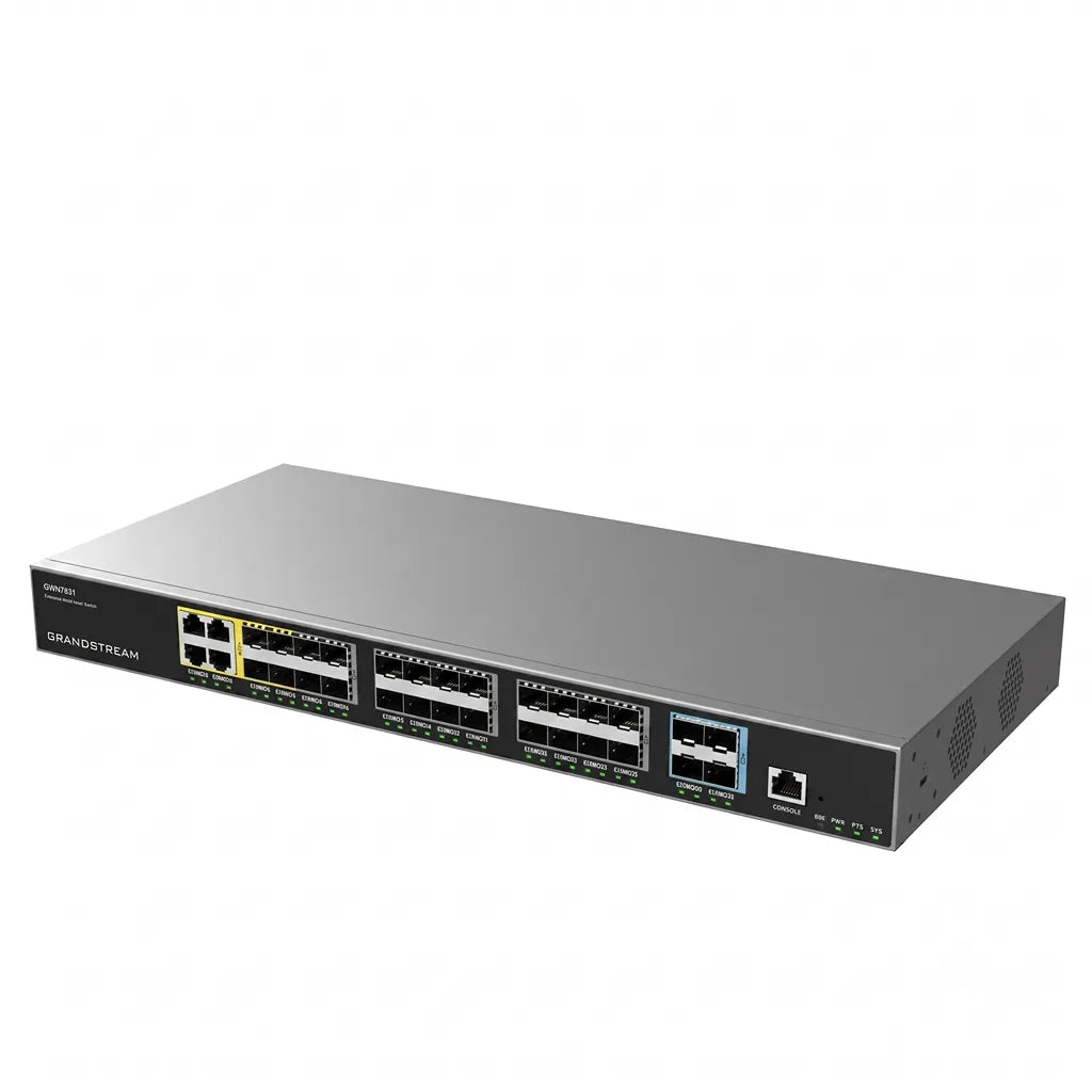 Perspective view of Grandstream GWN7831 Layer 3 managed aggregation switch with multiple SFP ports and 10G SFP+ uplinks for enterprise networks.