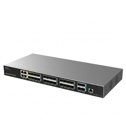 Perspective view of Grandstream GWN7831 Layer 3 managed aggregation switch with multiple SFP ports and 10G SFP+ uplinks for enterprise networks.