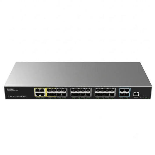 Grandstream GWN7831 Layer 3 managed aggregation network switch front view with 24 Gigabit SFP ports, 4 Gigabit Ethernet combo ports and 4 x 10G SFP+ uplinks.