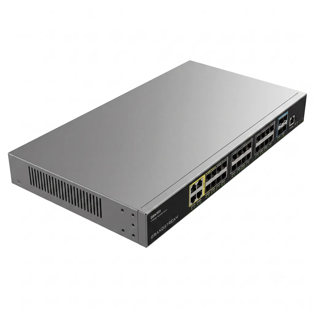 Right angled view of Grandstream GWN7831 managed aggregation network switch featuring enterprise-grade fiber and Ethernet connectivity.