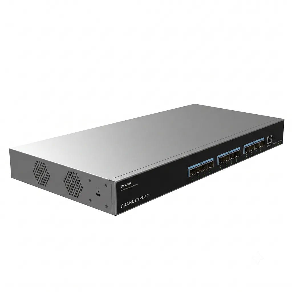 Perspective view of the Grandstream GWN7832 enterprise Layer 3 aggregation managed switch with rack mount design and 10G SFP+ connectivity.