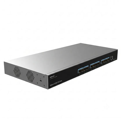 Perspective view of the Grandstream GWN7832 enterprise Layer 3 aggregation managed switch with rack mount design and 10G SFP+ connectivity.