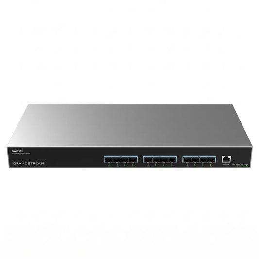 Front view of the Grandstream GWN7832 Layer 3 managed network switch featuring 12 10G SFP+ ports and console port.