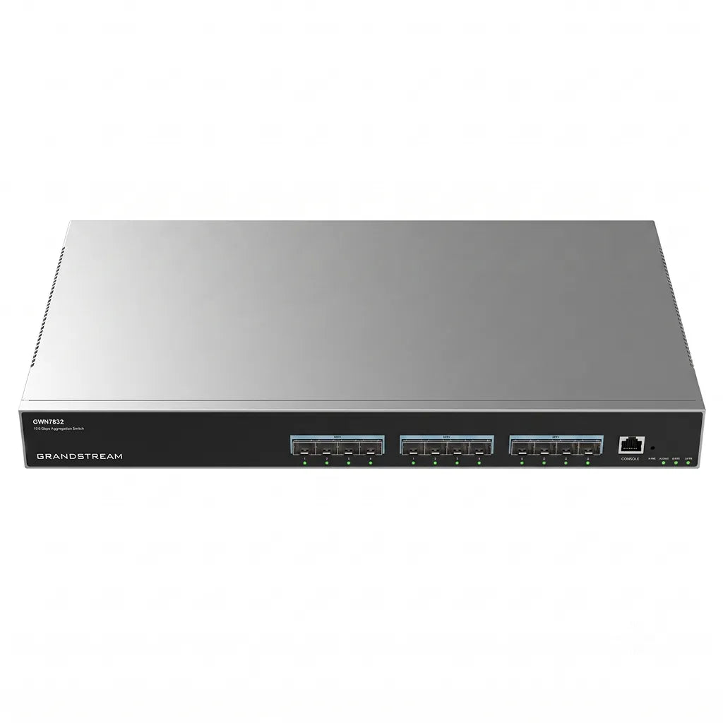 Top front view of the Grandstream GWN7832 Layer 3 aggregation managed switch designed for high-speed enterprise networks.