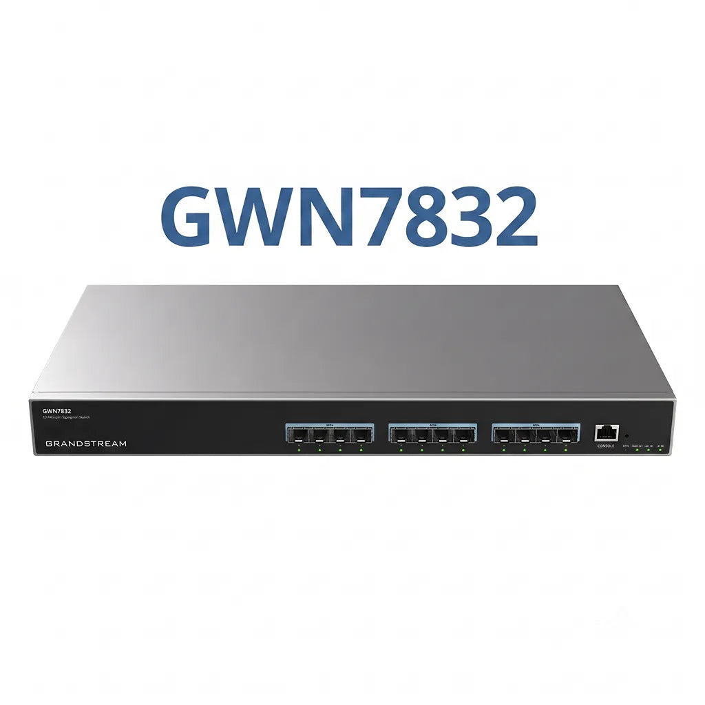 Grandstream GWN7832 Layer 3 aggregation managed switch with 12 x 10G SFP+ ports front view for enterprise networking.