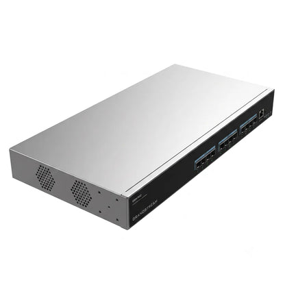 Left angled view of the Grandstream GWN7832 enterprise Layer 3 aggregation switch with 12 x 10G SFP+ ports.