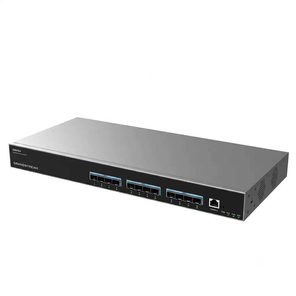 Right angled front view of the Grandstream GWN7832 rack mount Layer 3 managed network switch with 12 x 10G SFP+ ports.