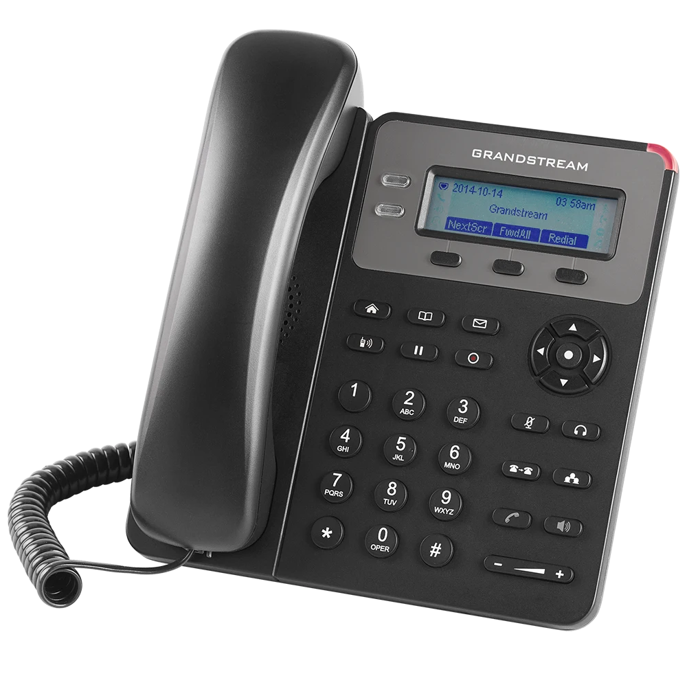 Grandstream GXP1610P office VoIP phone right angle view with integrated PoE and LCD display