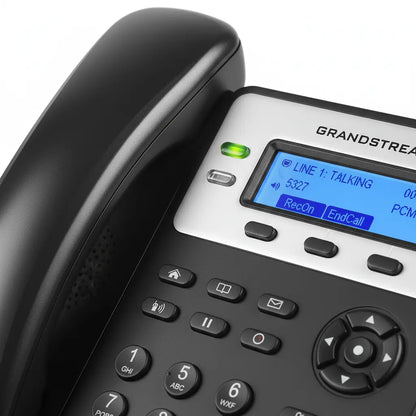 Close-up of Grandstream GXP1625 business IP phone featuring LCD display, navigation keys, and HD voice communication.