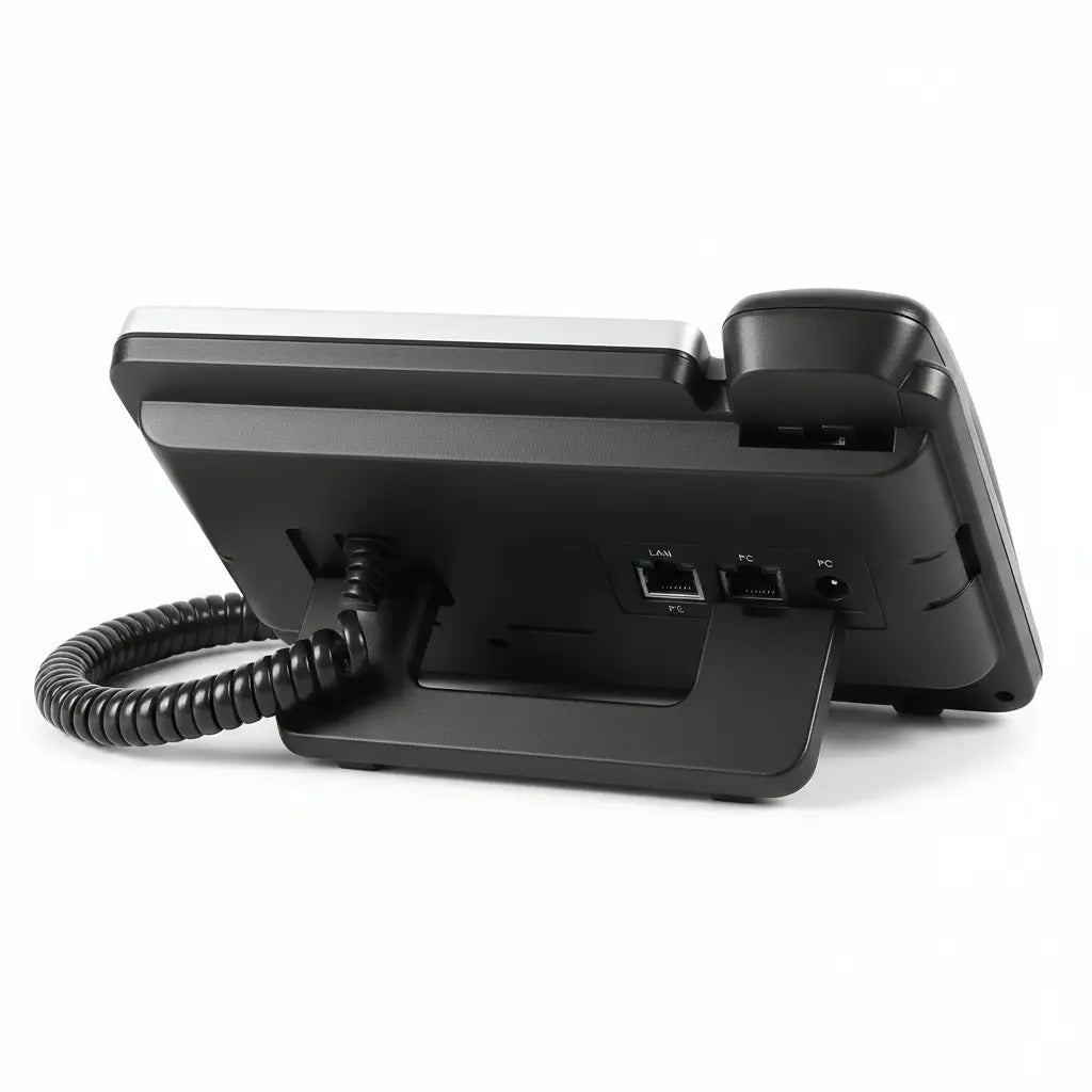 Rear view of Grandstream GXP1625 IP phone showing Ethernet network ports, handset connection, and desktop stand.