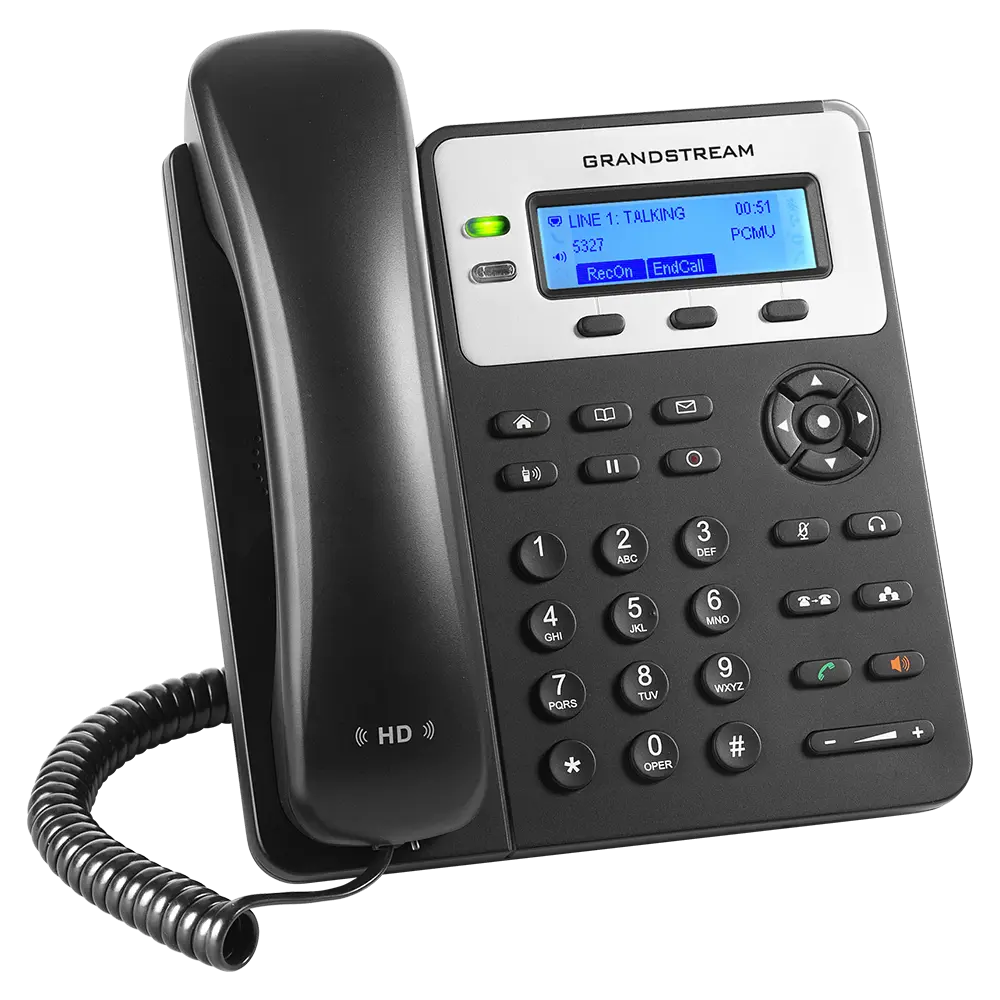 Grandstream GXP1625 VoIP desk phone with HD voice and 2-line support shown from left angle.