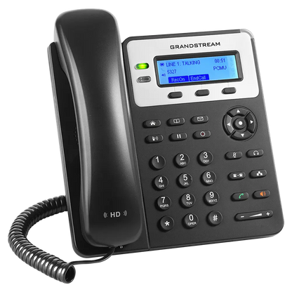 Grandstream GXP1625 VoIP desk phone with HD voice and 2-line support shown from left angle.