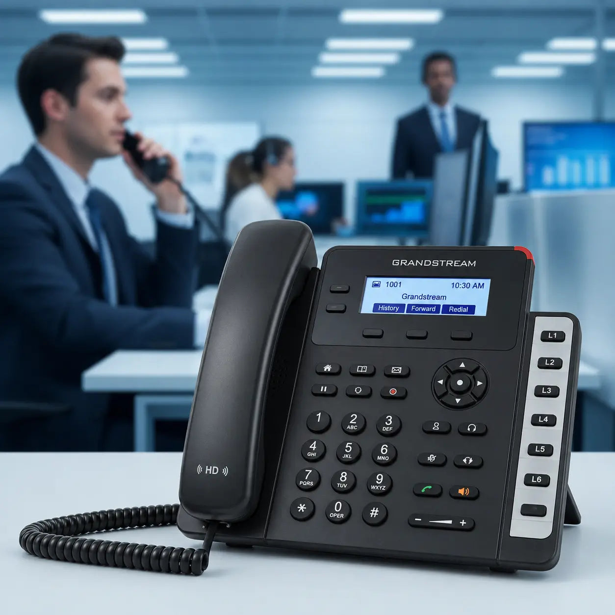 Grandstream GXP1628 IP phone in a professional call center environment, delivering HD voice communication for customer support and business operations.