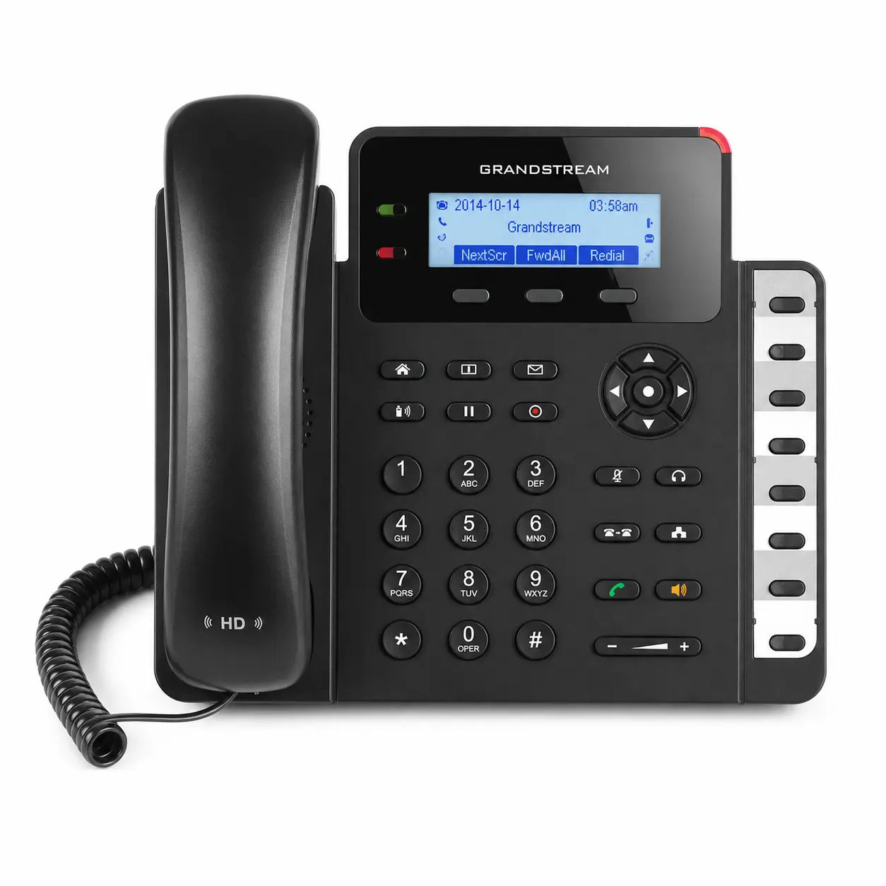 Front view of Grandstream GXP1628 business IP phone with LCD display, HD handset audio, programmable feature keys, and VoIP functionality.