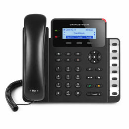 Front view of Grandstream GXP1628 business IP phone with LCD display, HD handset audio, programmable feature keys, and VoIP functionality.
