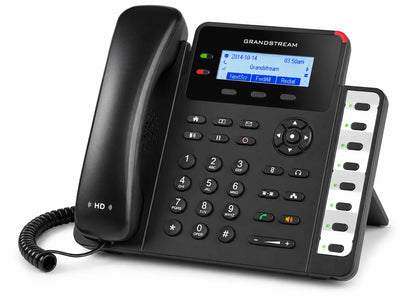 Angled view of Grandstream GXP1628 Gigabit IP phone featuring HD audio, BLF keys, SIP calling support, and dual Gigabit Ethernet connectivity.