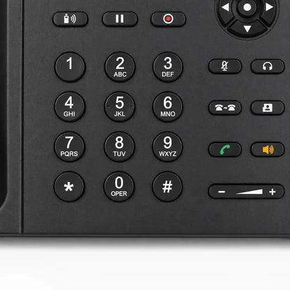 Close-up of Grandstream GXP1628 IP phone keypad showing clearly labeled number keys, call control buttons, and navigation controls for efficient business communication.