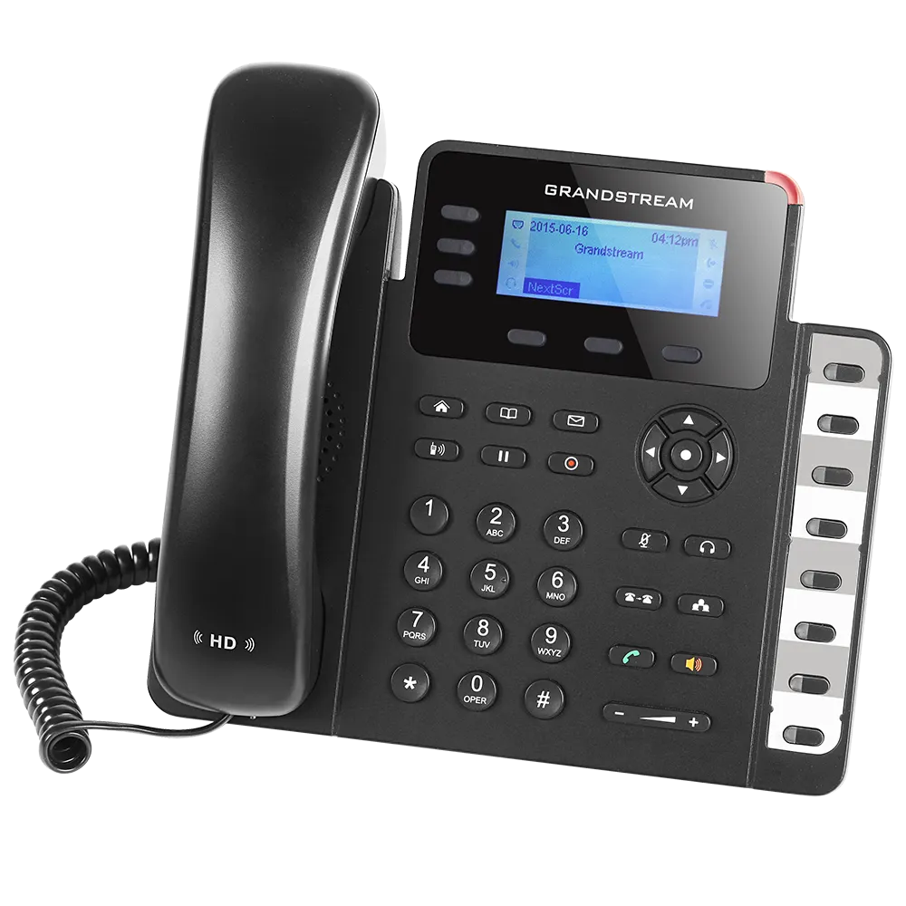 Grandstream GXP1630 business VoIP phone right angle view with HD audio handset, LCD screen and dedicated BLF speed dial keys.