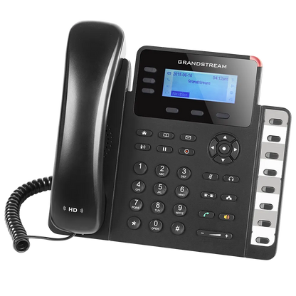 Grandstream GXP1630 business VoIP phone right angle view with HD audio handset, LCD screen and dedicated BLF speed dial keys.