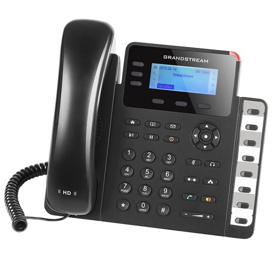 Grandstream GXP1630 HD VoIP IP Phone in angled front view featuring LCD display, programmable keys, HD audio and BLF speed dial buttons.