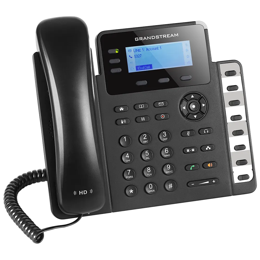 Angled view of Grandstream GXP1630 Gigabit IP Phone featuring HD voice, 3 SIP accounts, BLF keys and enterprise VoIP functionality.
