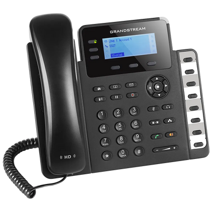 Angled view of Grandstream GXP1630 Gigabit IP Phone featuring HD voice, 3 SIP accounts, BLF keys and enterprise VoIP functionality.