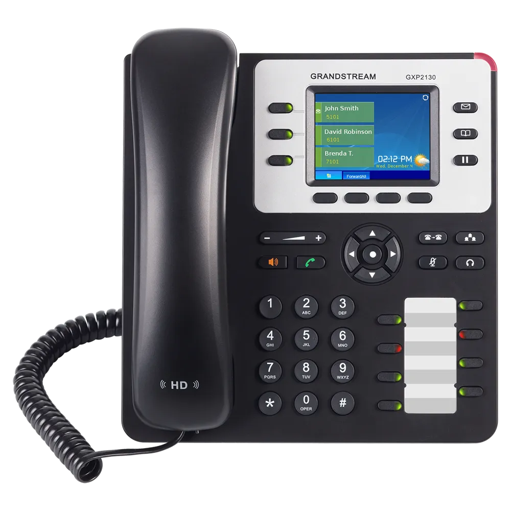 Grandstream GXP2130 enterprise IP phone front view with color LCD display, HD audio handset, programmable keys, and SIP VoIP calling features.