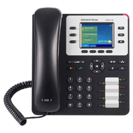 Grandstream GXP2130 enterprise IP phone front view with color LCD display, HD audio handset, programmable keys, and SIP VoIP calling features.