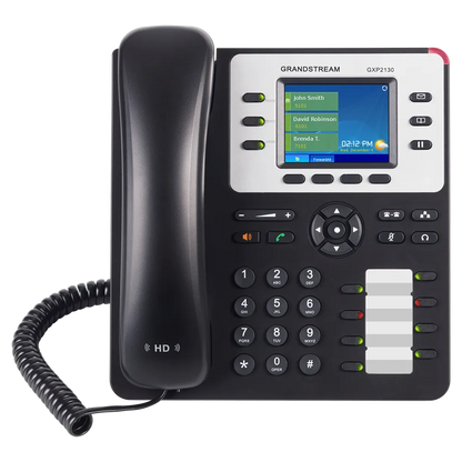 Grandstream GXP2130 enterprise IP phone front view with color LCD display, HD audio handset, programmable keys, and SIP VoIP calling features.