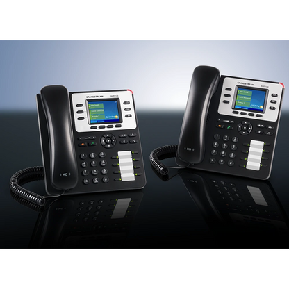 Grandstream GXP2130 enterprise IP phones displayed in a professional office environment highlighting HD voice communication and business telephony features.