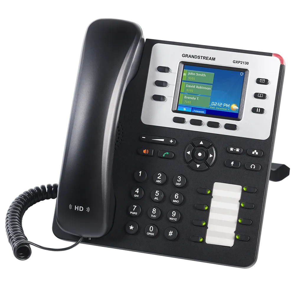 Grandstream GXP2130 business IP phone angled view showing color display, HD voice handset, programmable BLF keys, and enterprise VoIP controls.