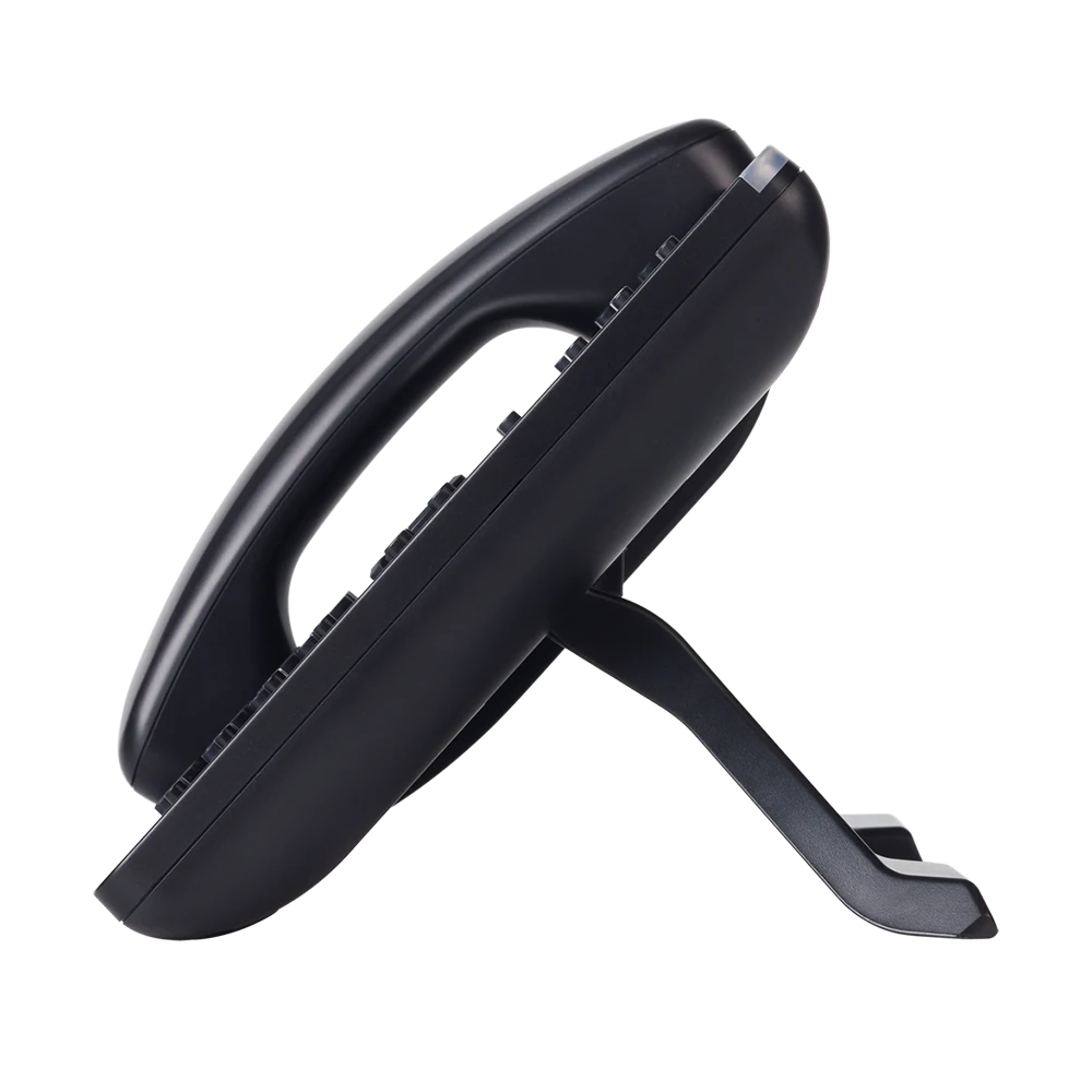 Side profile of Grandstream GXP2130 IP phone displaying ergonomic handset design and adjustable desk stand for office communication.